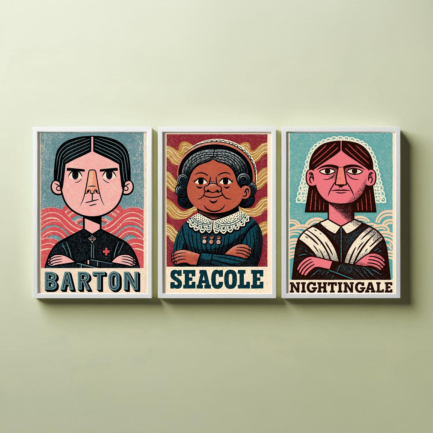 Nursing Pioneers Set of Three Art Prints - Barton, Seacole, Nightingale - Nurse Gift Poster Wall Art Illustration Decor