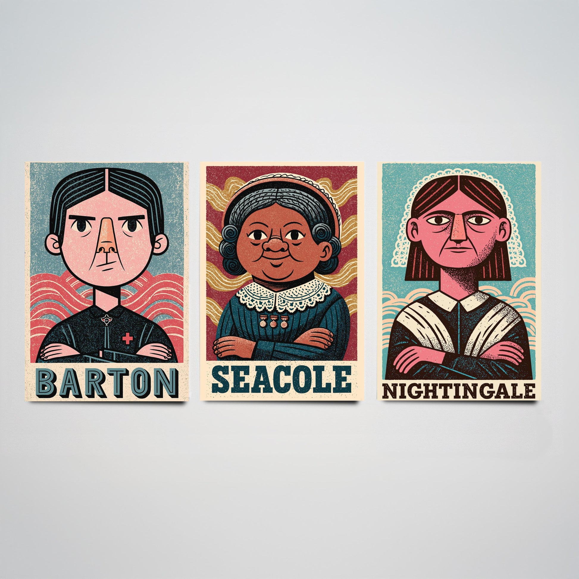 Nursing Pioneers Set of Three Art Prints - Barton, Seacole, Nightingale - Nurse Gift Poster Wall Art Illustration Decor