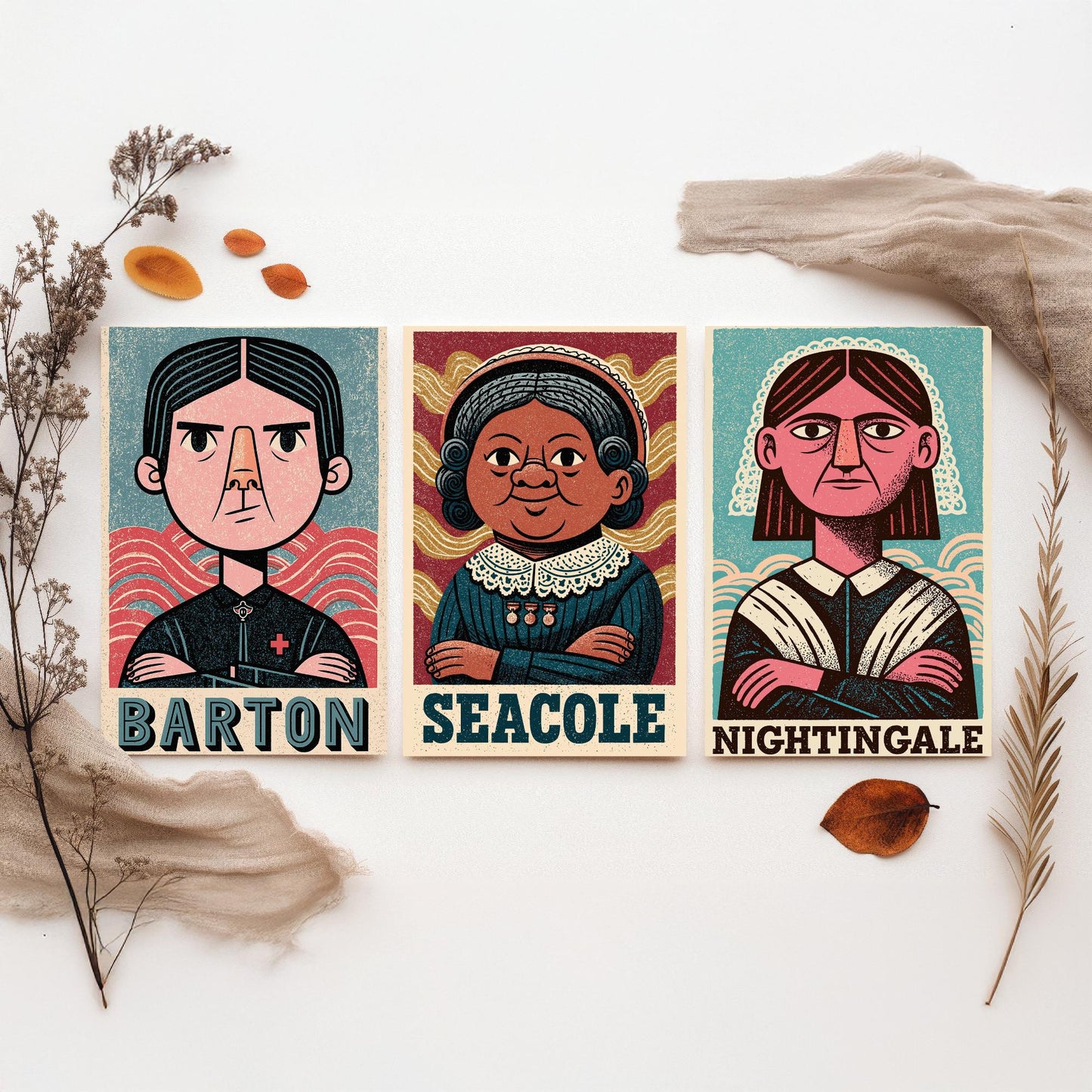 Nursing Pioneers Set of Three Art Prints - Barton, Seacole, Nightingale - Nurse Gift Poster Wall Art Illustration Decor
