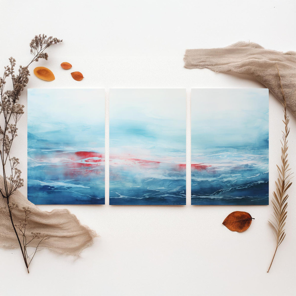 Ocean Serenity Set of Three Art Prints - Abstract Blue Seascape with Red Accent - Panoramic Watercolour Painting Poster