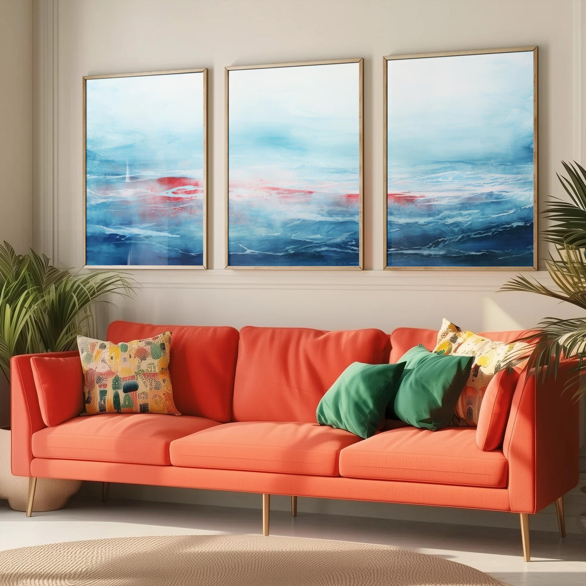 Ocean Serenity Set of Three Art Prints - Abstract Blue Seascape with Red Accent - Panoramic Watercolour Painting Poster