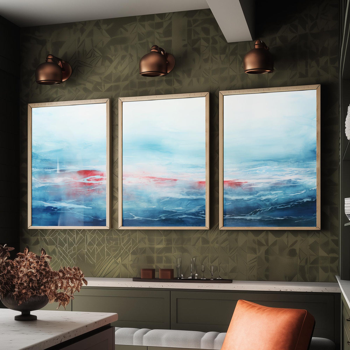 Ocean Serenity Set of Three Art Prints - Abstract Blue Seascape with Red Accent - Panoramic Watercolour Painting Poster
