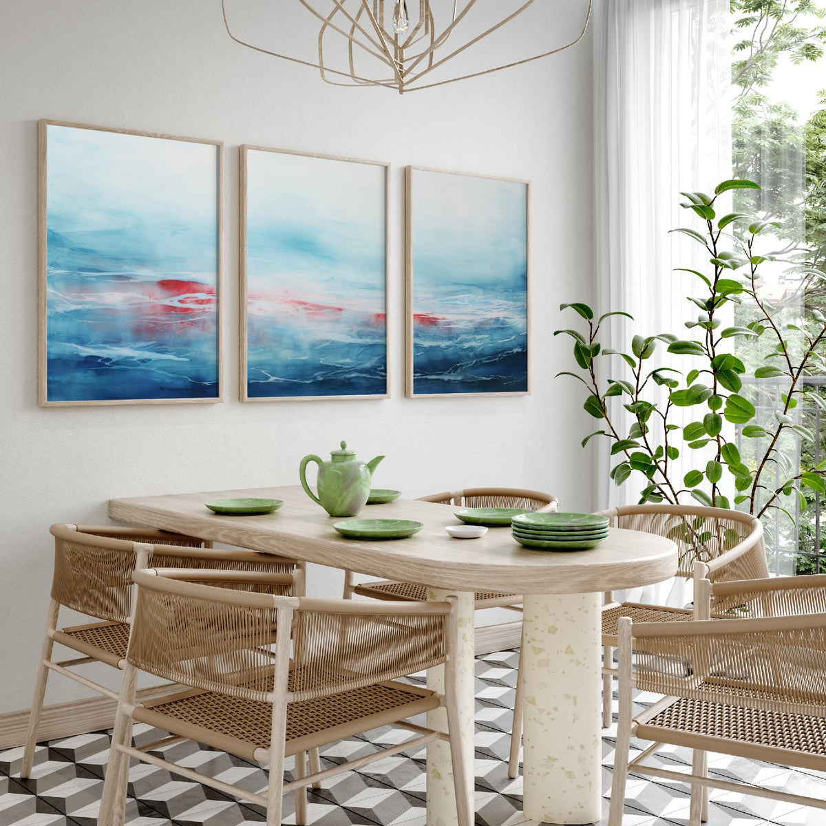 Ocean Serenity Set of Three Art Prints - Abstract Blue Seascape with Red Accent - Panoramic Watercolour Painting Poster