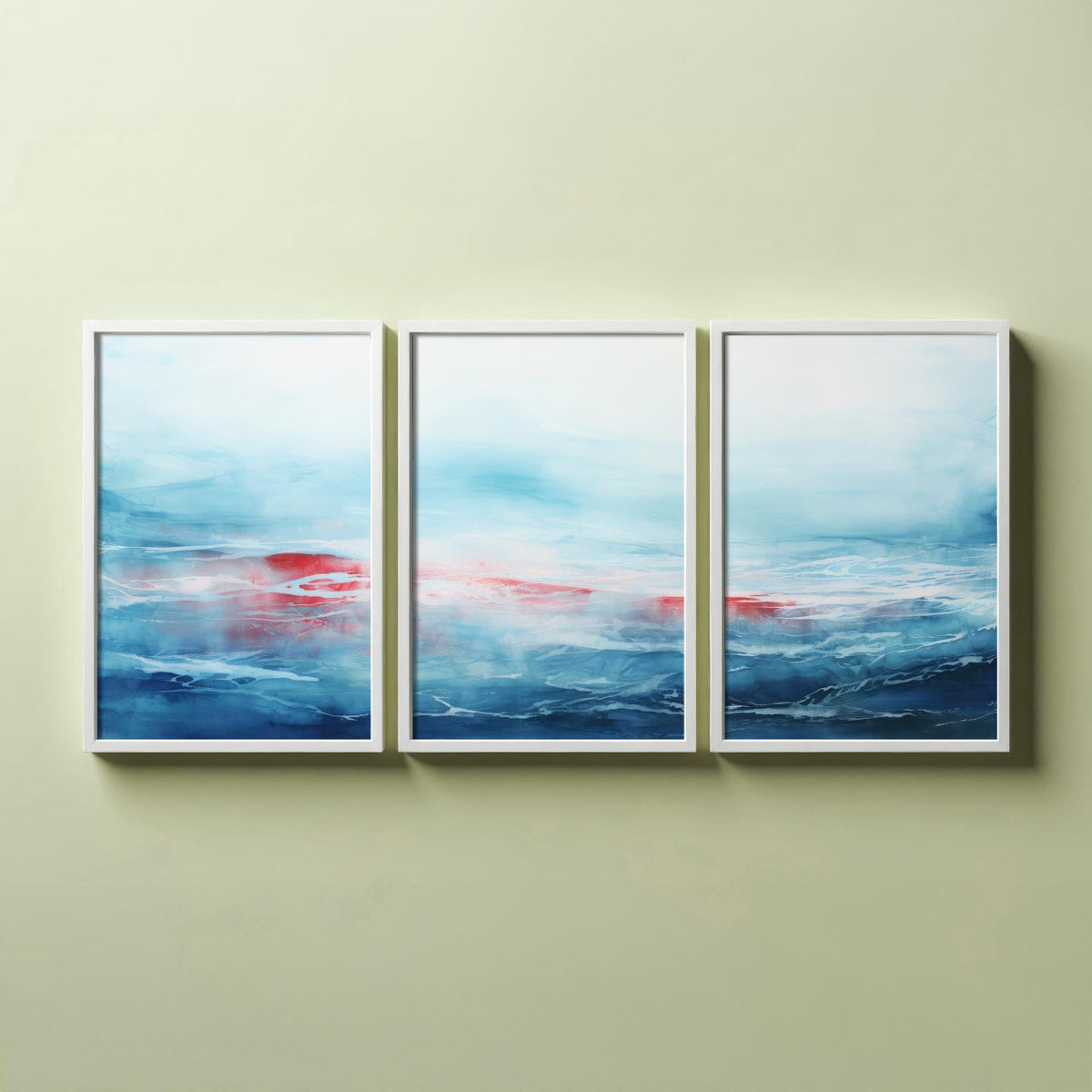 Ocean Serenity Set of Three Art Prints - Abstract Blue Seascape with Red Accent - Panoramic Watercolour Painting Poster