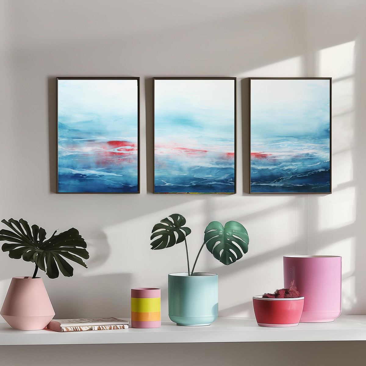 Ocean Serenity Set of Three Art Prints - Abstract Blue Seascape with Red Accent - Panoramic Watercolour Painting Poster