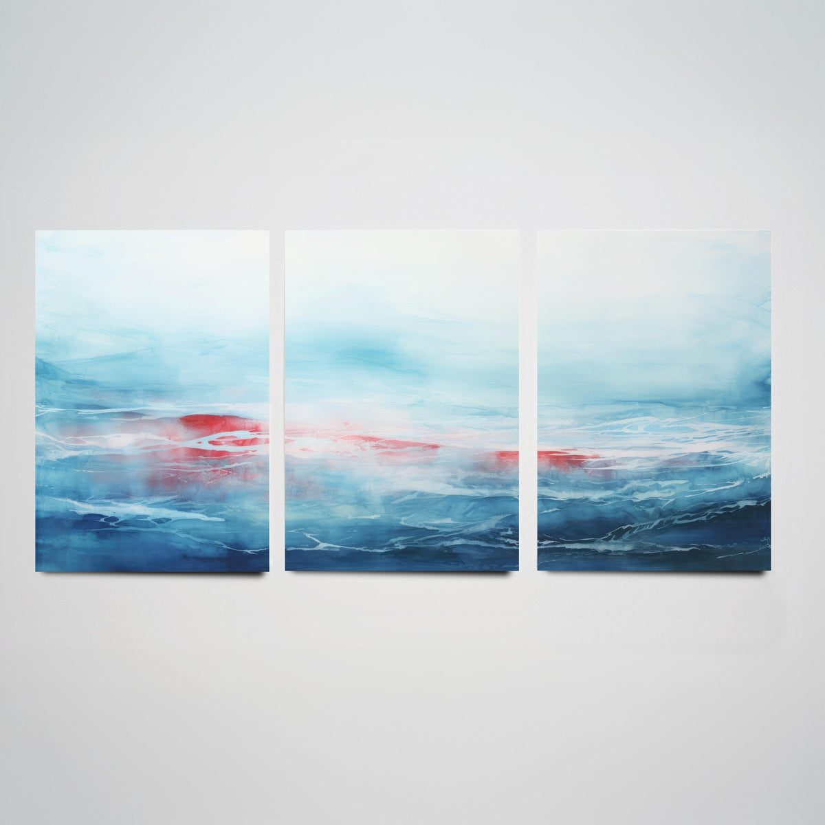 Ocean Serenity Set of Three Art Prints - Abstract Blue Seascape with Red Accent - Panoramic Watercolour Painting Poster