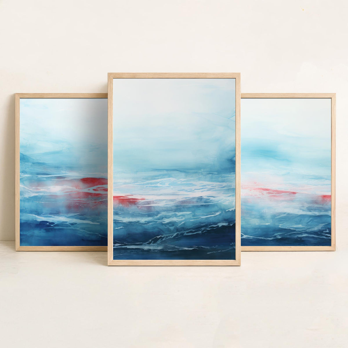 Ocean Serenity Set of Three Art Prints - Abstract Blue Seascape with Red Accent - Panoramic Watercolour Painting Poster