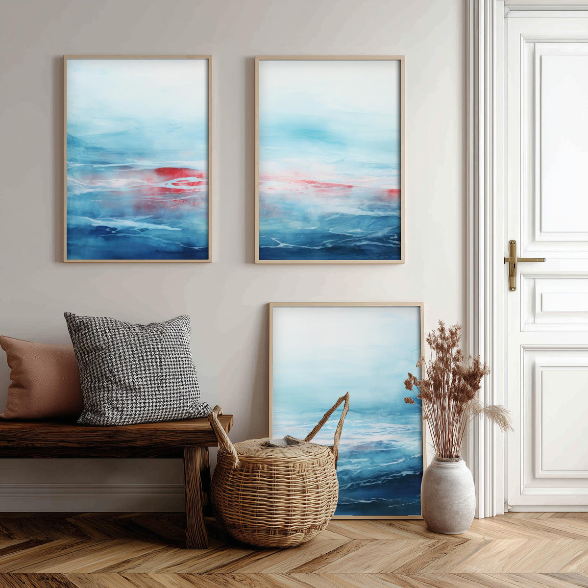 Ocean Serenity Set of Three Art Prints - Abstract Blue Seascape with Red Accent - Panoramic Watercolour Painting Poster