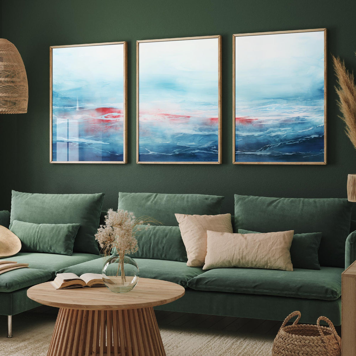 Ocean Serenity Set of Three Art Prints - Abstract Blue Seascape with Red Accent - Panoramic Watercolour Painting Poster