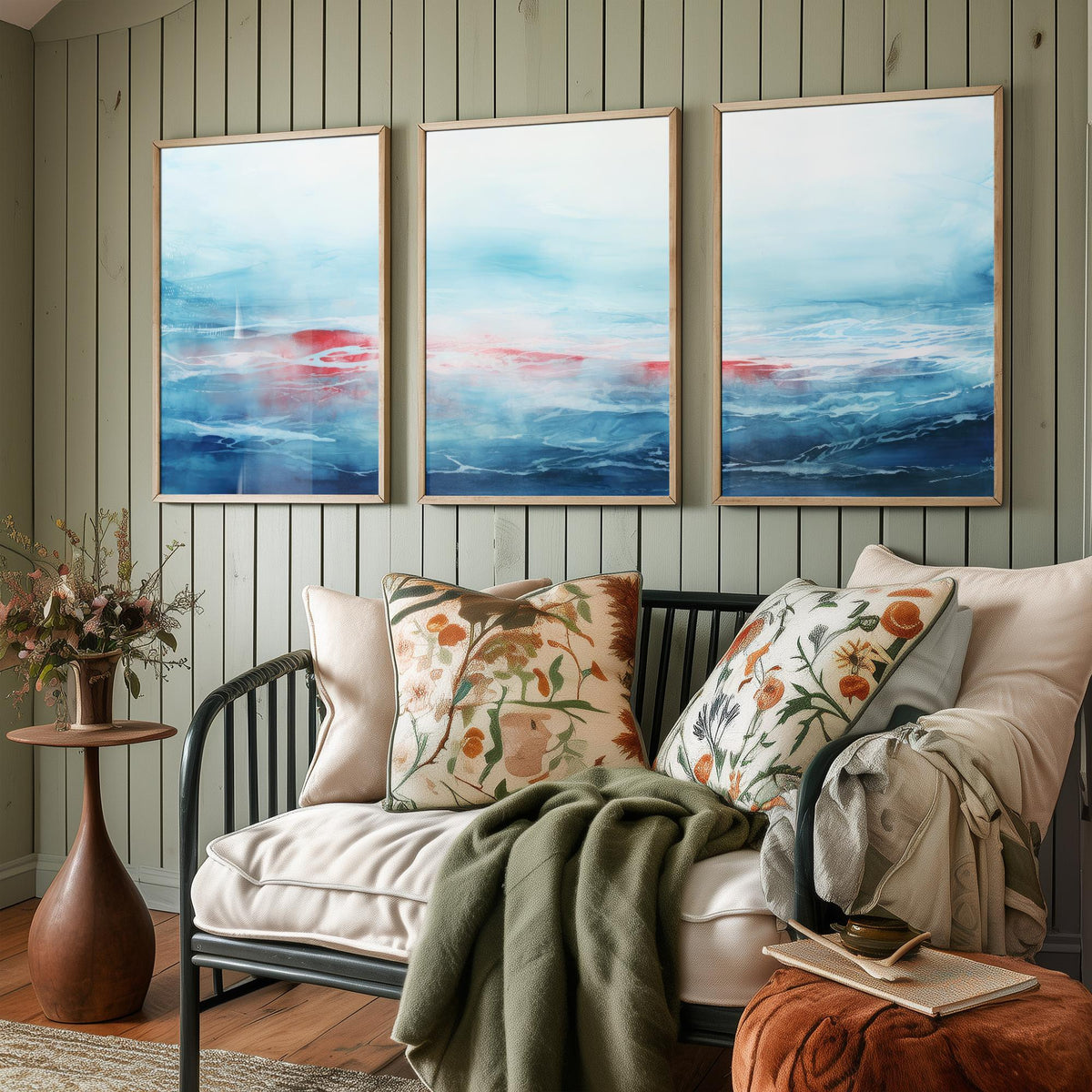 Ocean Serenity Set of Three Art Prints - Abstract Blue Seascape with Red Accent - Panoramic Watercolour Painting Poster