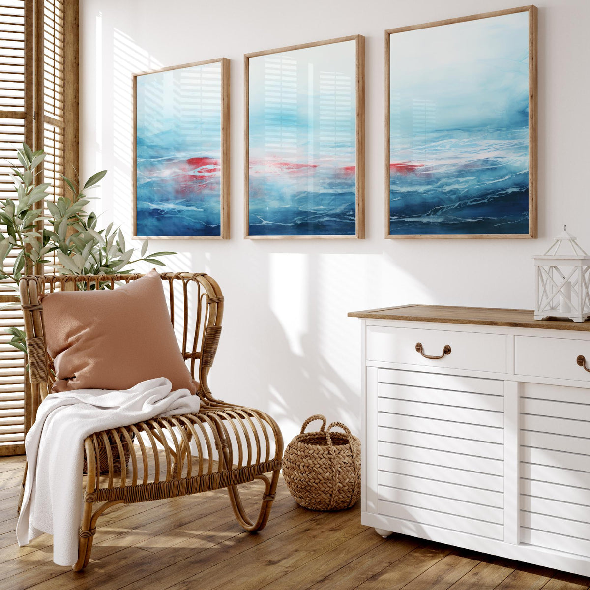 Ocean Serenity Set of Three Art Prints - Abstract Blue Seascape with Red Accent - Panoramic Watercolour Painting Poster
