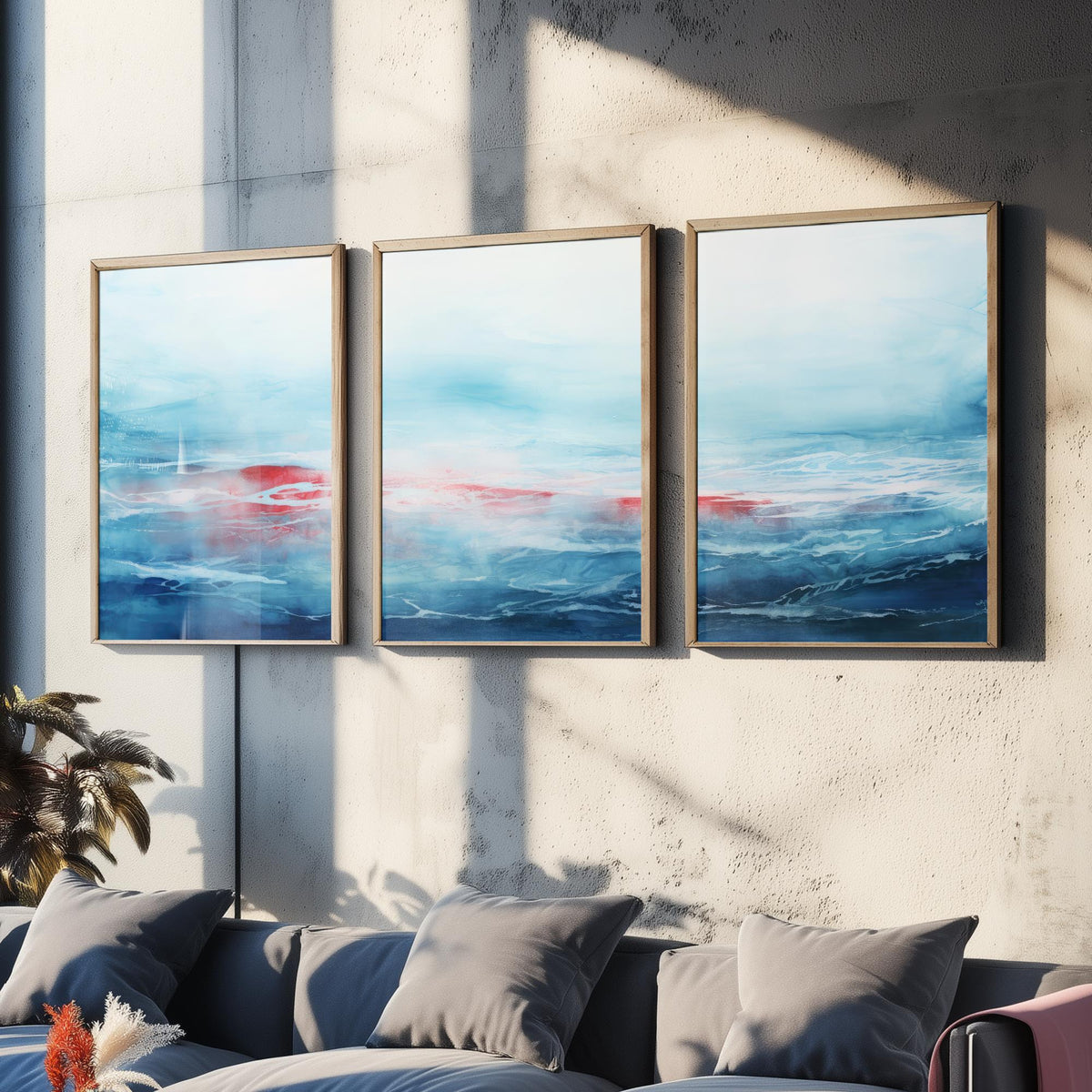 Ocean Serenity Set of Three Art Prints - Abstract Blue Seascape with Red Accent - Panoramic Watercolour Painting Poster