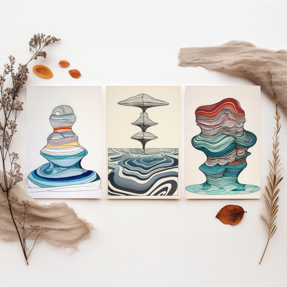 Ocean Wave Line Drawings Set of Three Art Prints - Abstract Layered Wave Forms - Modern Fluid Line Drawing Poster