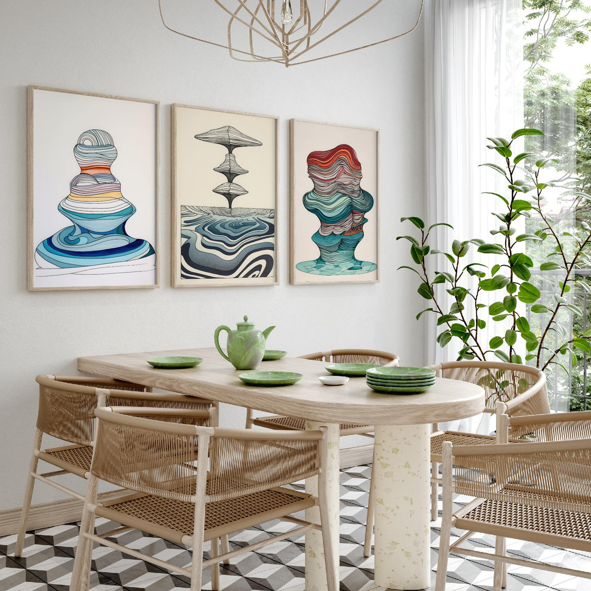 Ocean Wave Line Drawings Set of Three Art Prints - Abstract Layered Wave Forms - Modern Fluid Line Drawing Poster