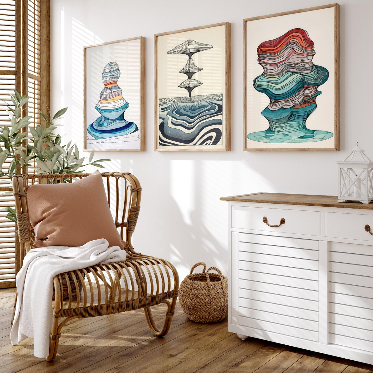 Ocean Wave Line Drawings Set of Three Art Prints - Abstract Layered Wave Forms - Modern Fluid Line Drawing Poster
