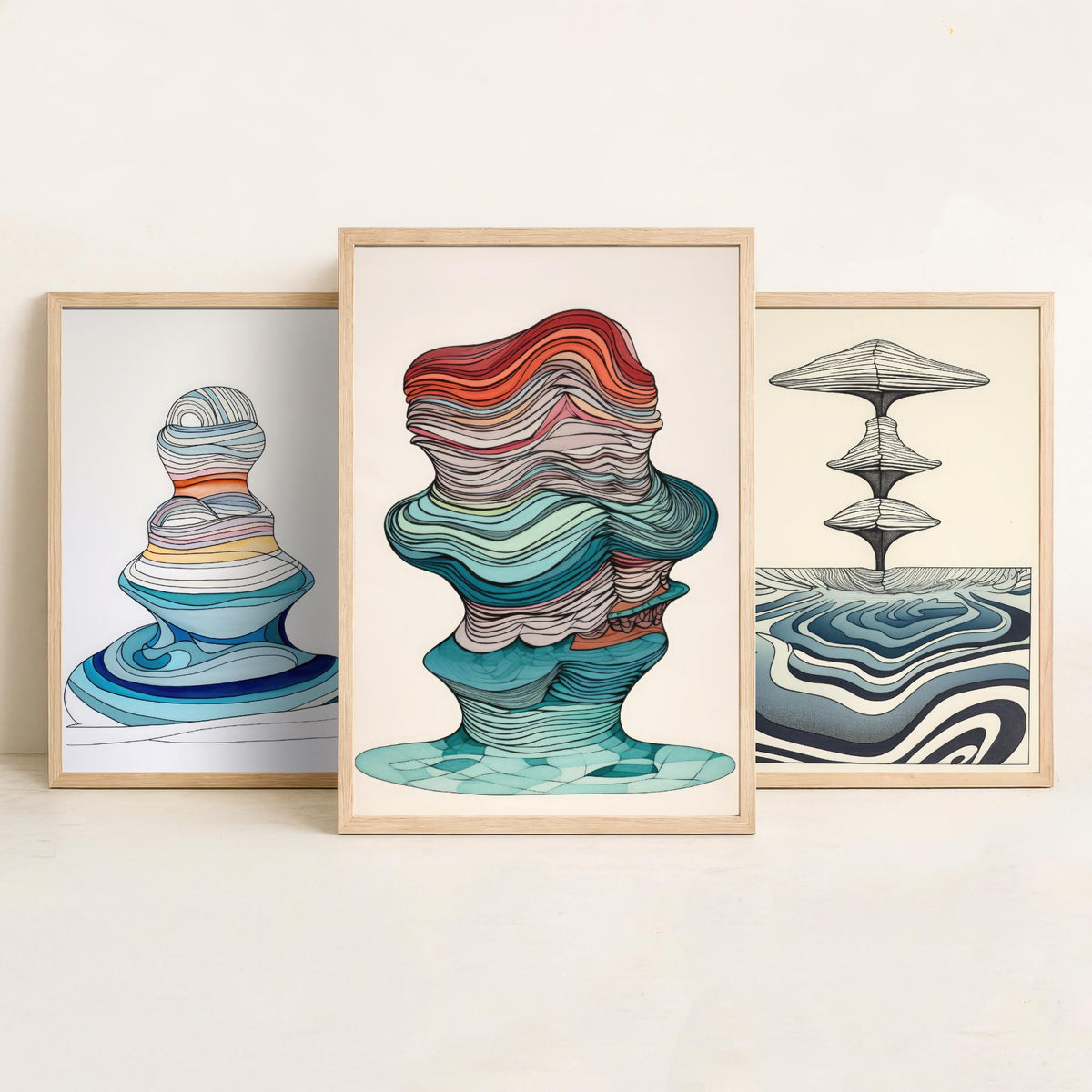 Ocean Wave Line Drawings Set of Three Art Prints - Abstract Layered Wave Forms - Modern Fluid Line Drawing Poster