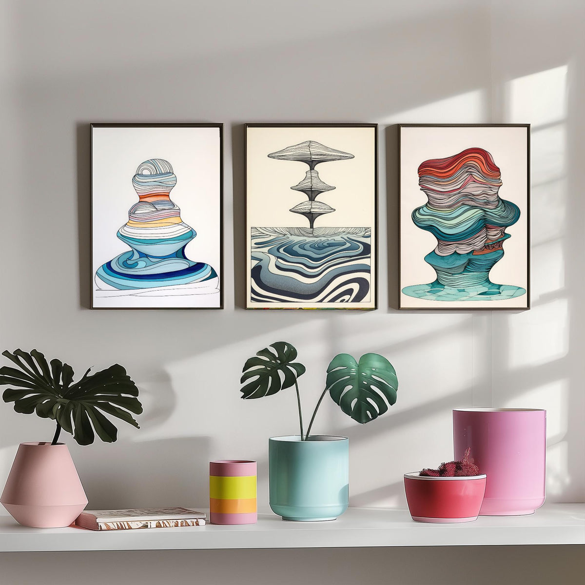 Ocean Wave Line Drawings Set of Three Art Prints - Abstract Layered Wave Forms - Modern Fluid Line Drawing Poster