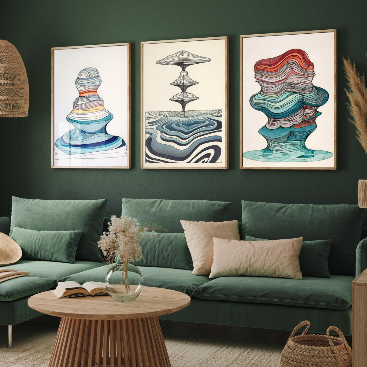 Ocean Wave Line Drawings Set of Three Art Prints - Abstract Layered Wave Forms - Modern Fluid Line Drawing Poster