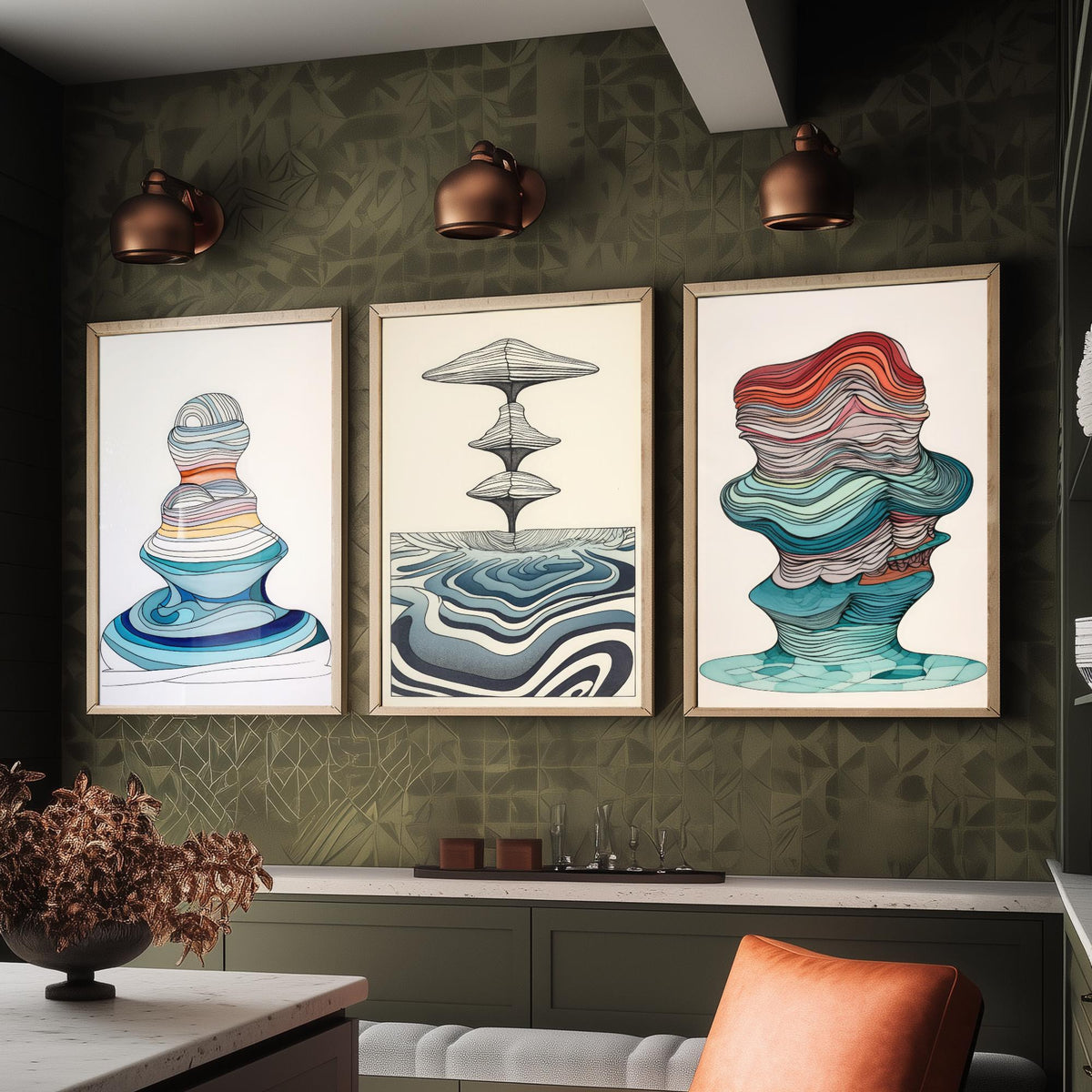 Ocean Wave Line Drawings Set of Three Art Prints - Abstract Layered Wave Forms - Modern Fluid Line Drawing Poster