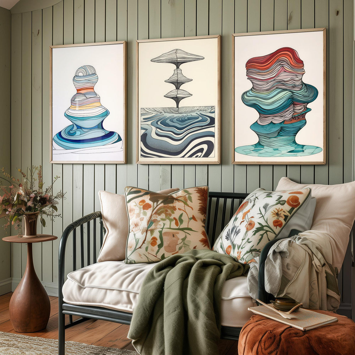 Ocean Wave Line Drawings Set of Three Art Prints - Abstract Layered Wave Forms - Modern Fluid Line Drawing Poster