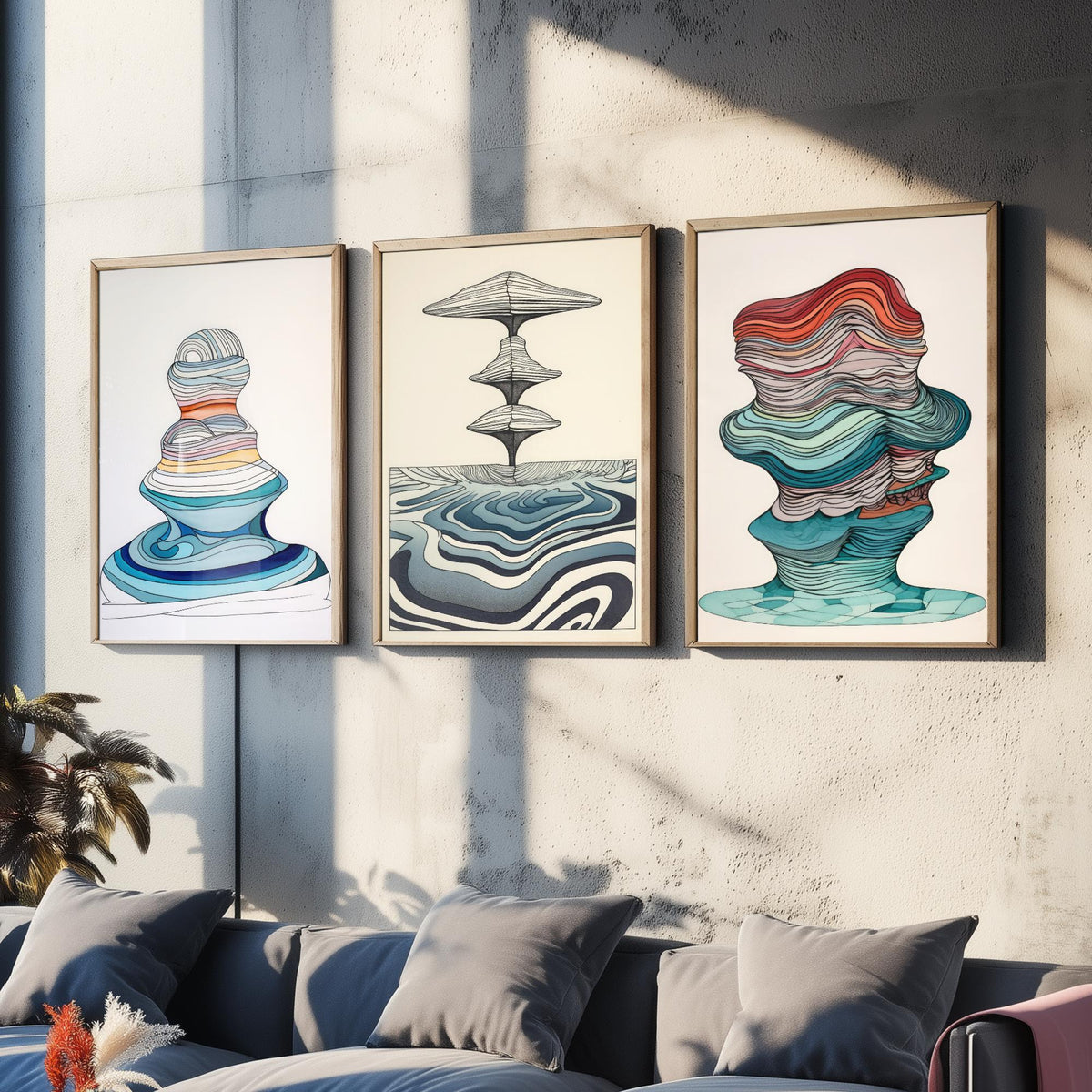 Ocean Wave Line Drawings Set of Three Art Prints - Abstract Layered Wave Forms - Modern Fluid Line Drawing Poster