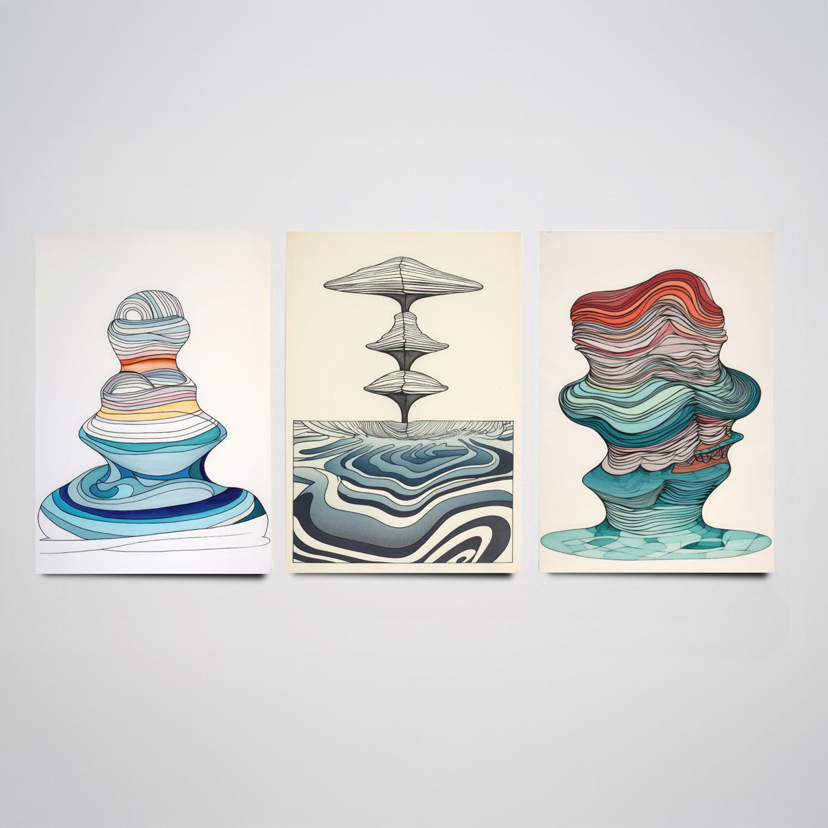 Ocean Wave Line Drawings Set of Three Art Prints - Abstract Layered Wave Forms - Modern Fluid Line Drawing Poster