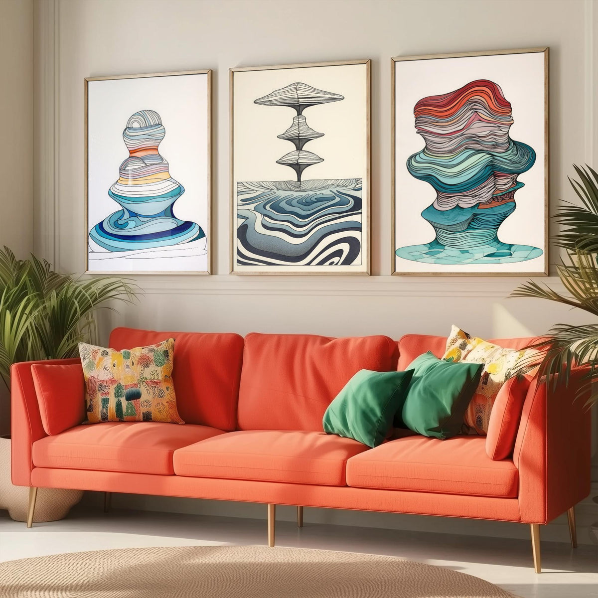 Ocean Wave Line Drawings Set of Three Art Prints - Abstract Layered Wave Forms - Modern Fluid Line Drawing Poster