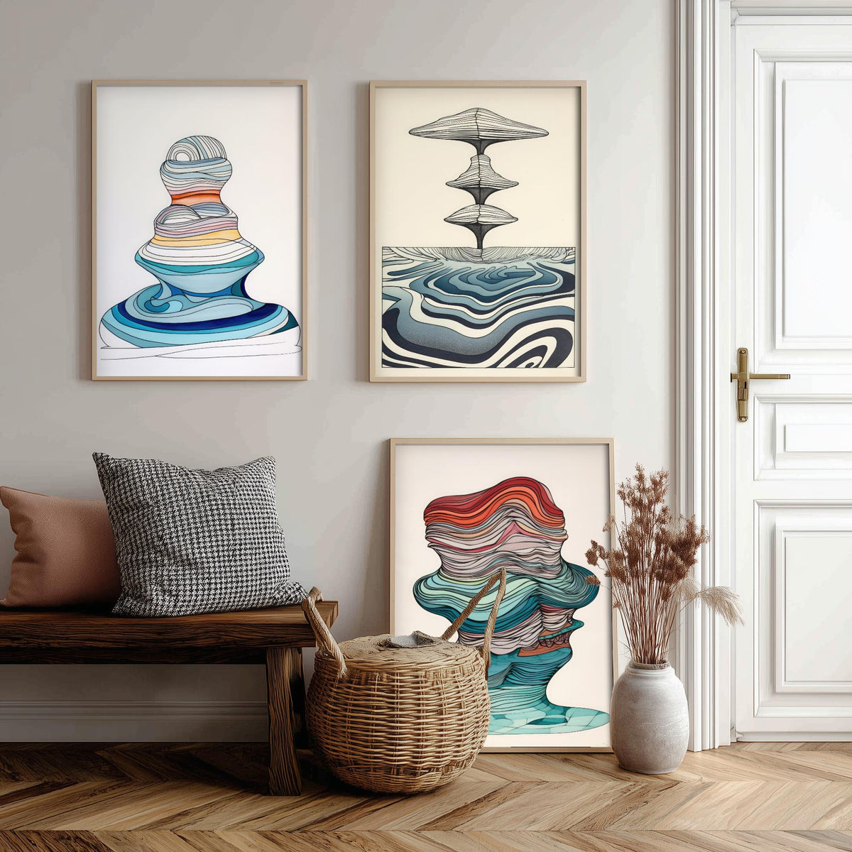 Ocean Wave Line Drawings Set of Three Art Prints - Abstract Layered Wave Forms - Modern Fluid Line Drawing Poster