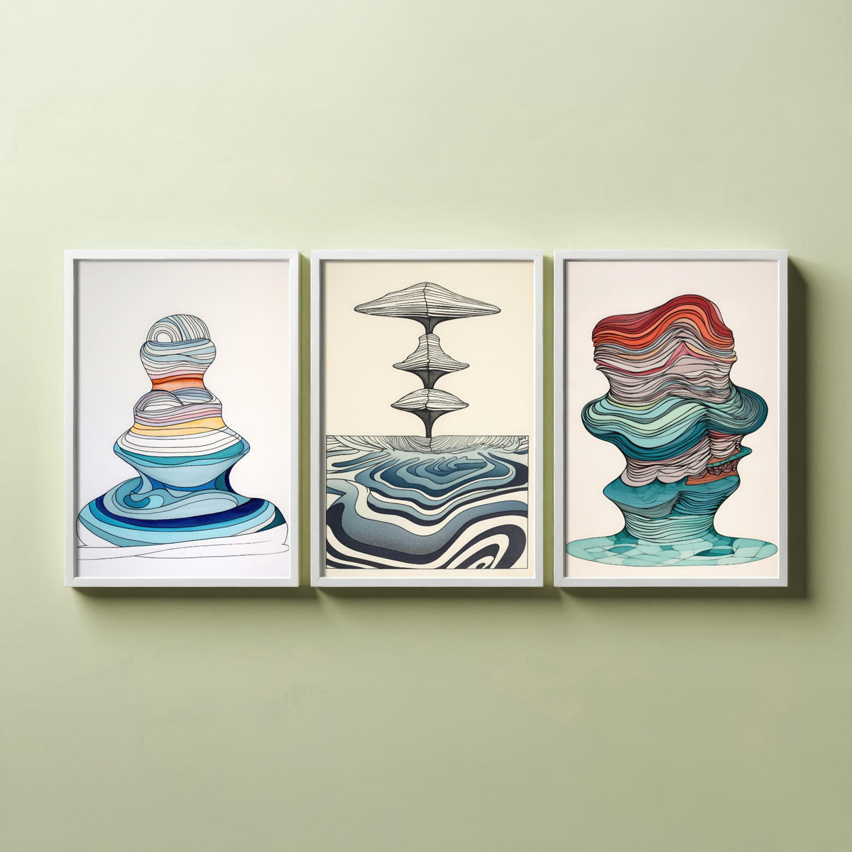 Ocean Wave Line Drawings Set of Three Art Prints - Abstract Layered Wave Forms - Modern Fluid Line Drawing Poster