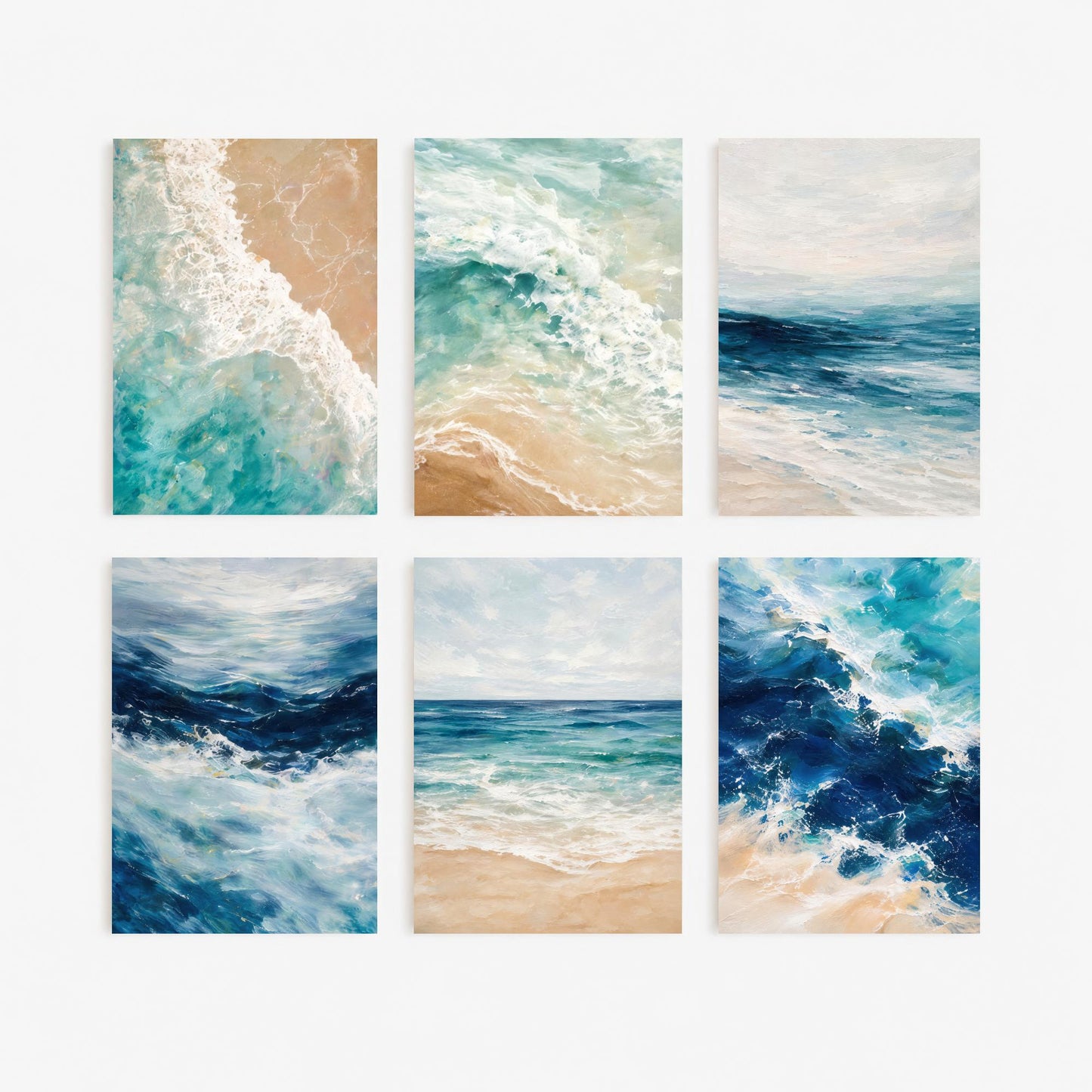 Set of Six Ocean Wave Paintings - 6 Teal Blue Coastal Seascape Art Prints - Crashing Surf, Sandy Shoreline, Calm Horizon Poster Set