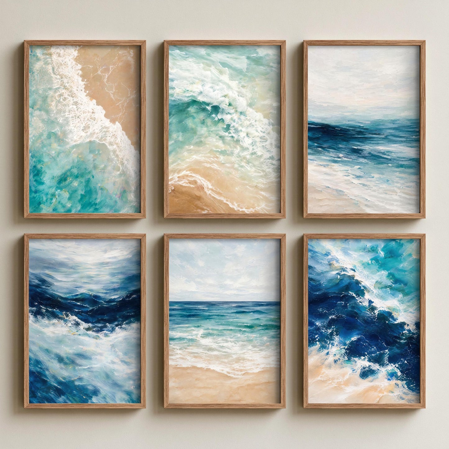 Set of Six Ocean Wave Paintings - 6 Teal Blue Coastal Seascape Art Prints - Crashing Surf, Sandy Shoreline, Calm Horizon Poster Set