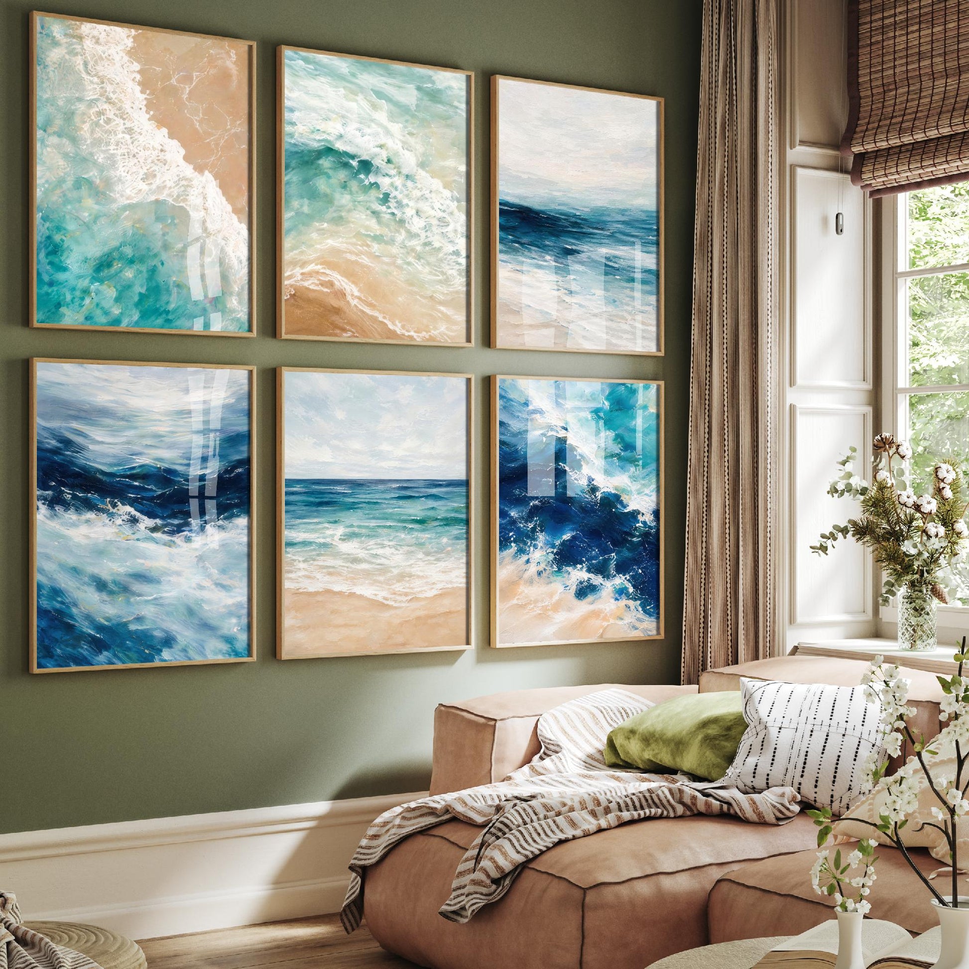 Set of Six Ocean Wave Paintings - 6 Teal Blue Coastal Seascape Art Prints - Crashing Surf, Sandy Shoreline, Calm Horizon Poster Set