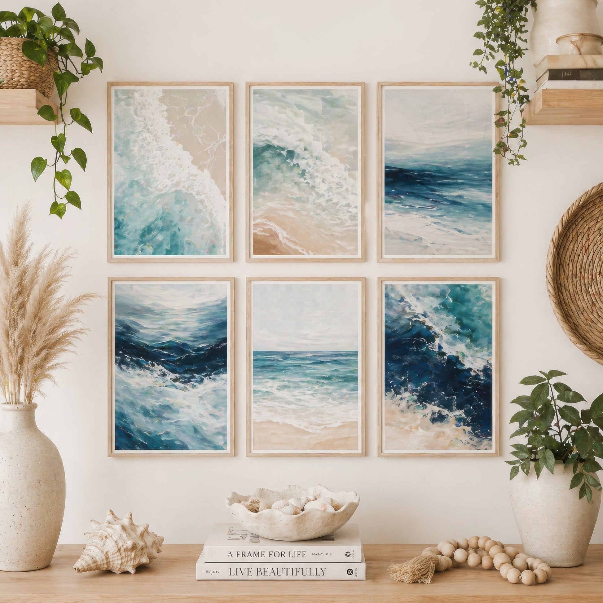 Set of Six Ocean Wave Paintings - 6 Teal Blue Coastal Seascape Art Prints - Crashing Surf, Sandy Shoreline, Calm Horizon Poster Set