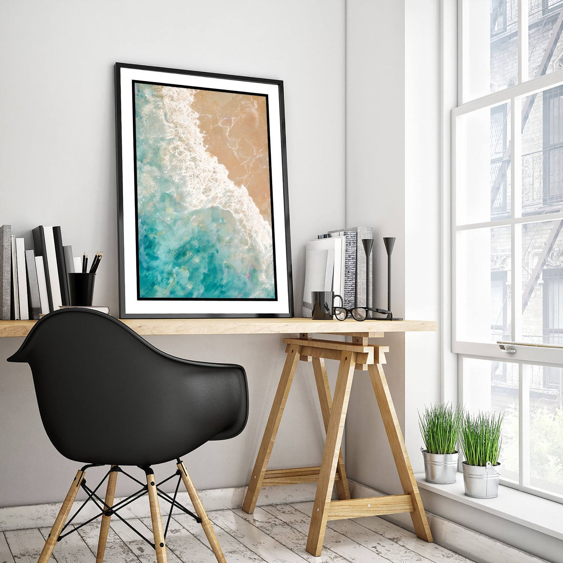 Teal Ocean Wave Art Print - Abstract Coastal Seascape Poster - Beach Wall Art Illustration V1 1/3