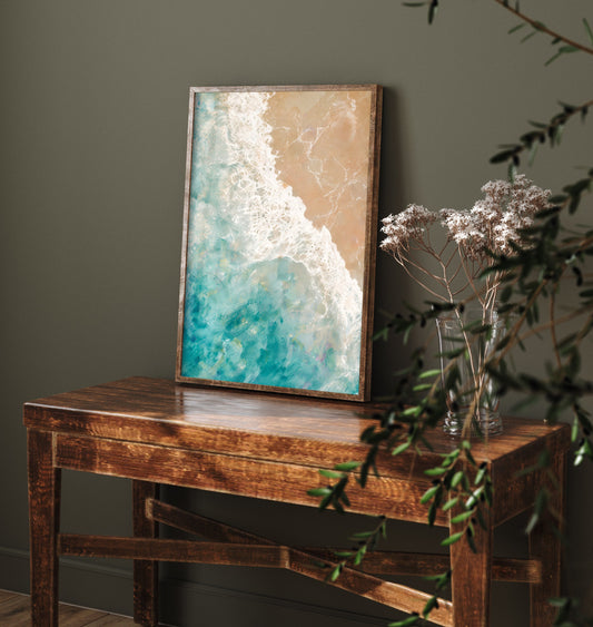 Teal Ocean Wave Art Print - Abstract Coastal Seascape Poster - Beach Wall Art Illustration V1 1/3