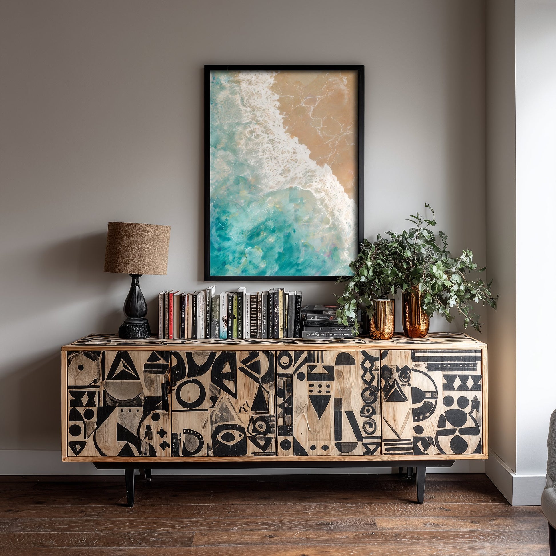 Teal Ocean Wave Art Print - Abstract Coastal Seascape Poster - Beach Wall Art Illustration V1 1/3