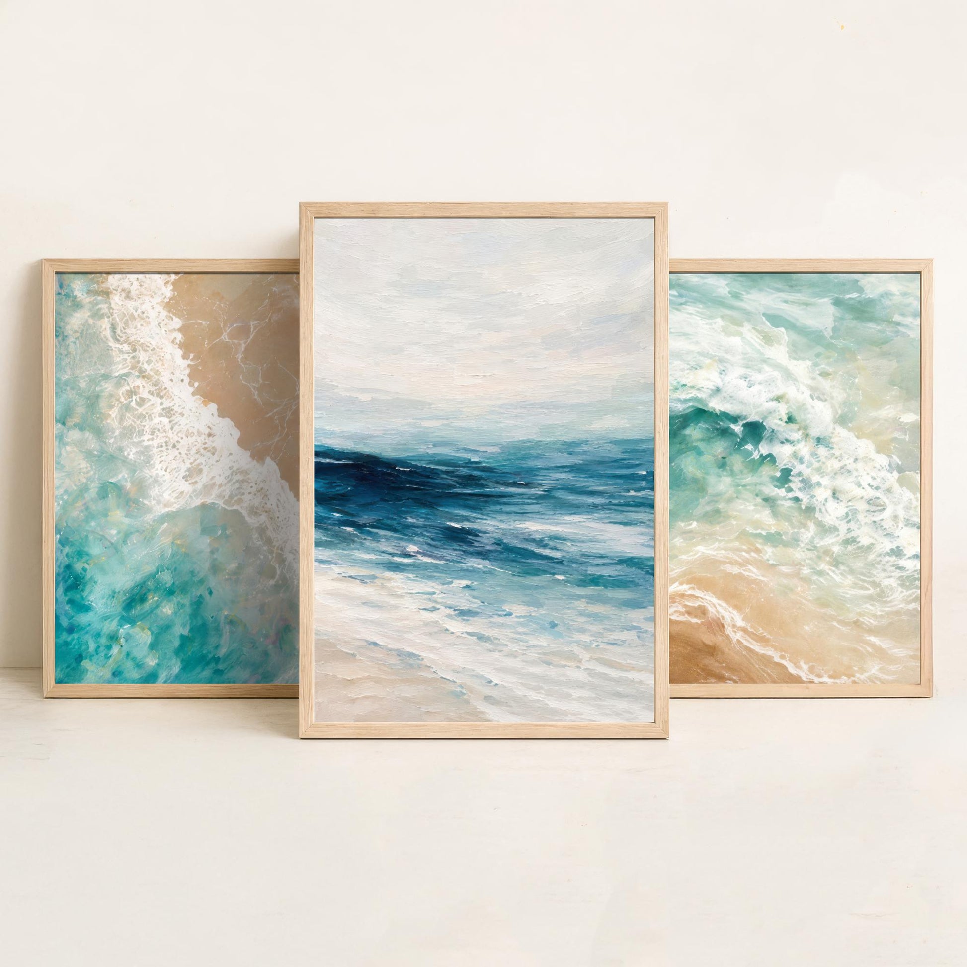 Ocean Wave Set of Three Art Prints - 3 Teal Blue Coastal Seascapes - Abstract Sea Poster Illustration Beach Wall Art V1