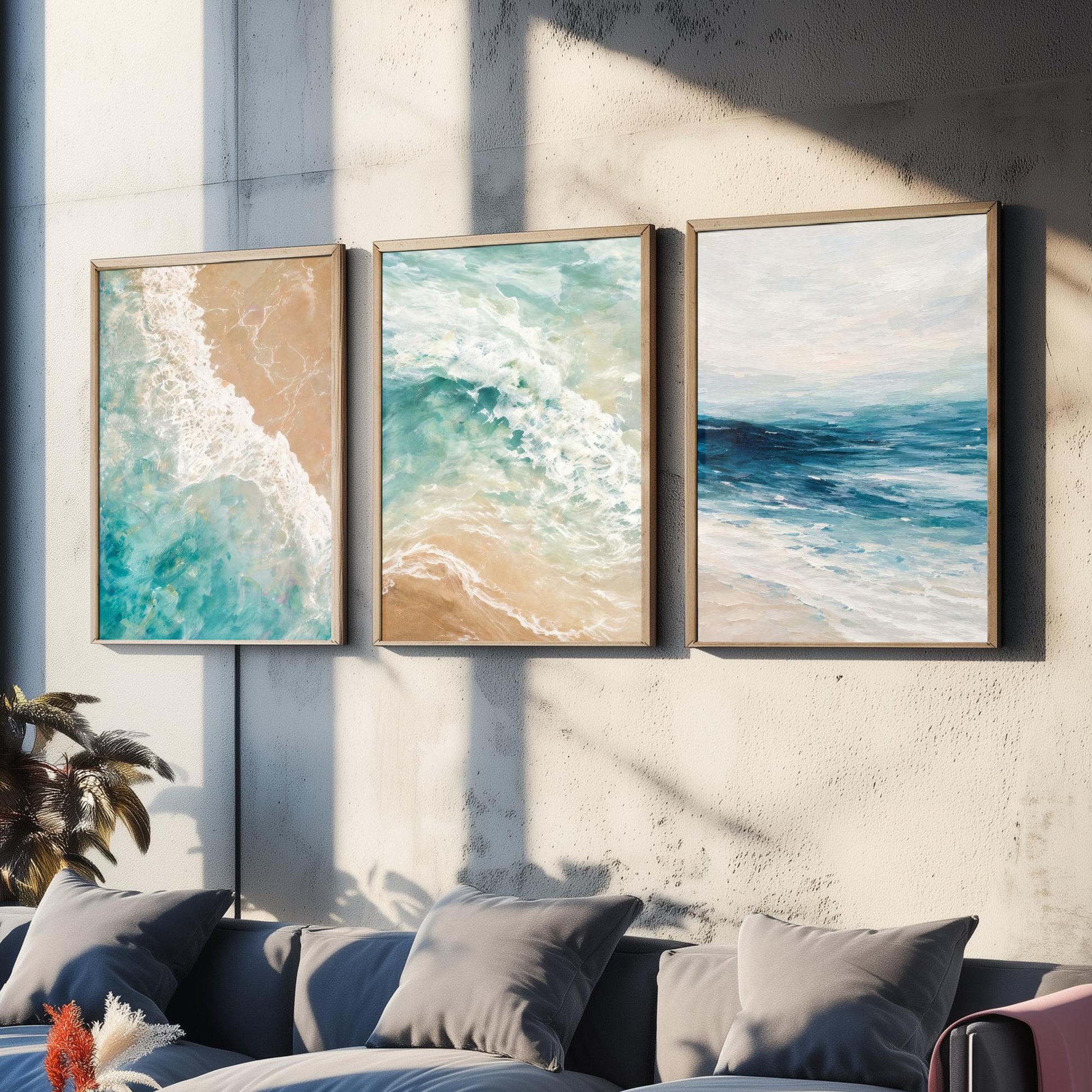 Ocean Wave Set of Three Art Prints - 3 Teal Blue Coastal Seascapes - Abstract Sea Poster Illustration Beach Wall Art V1