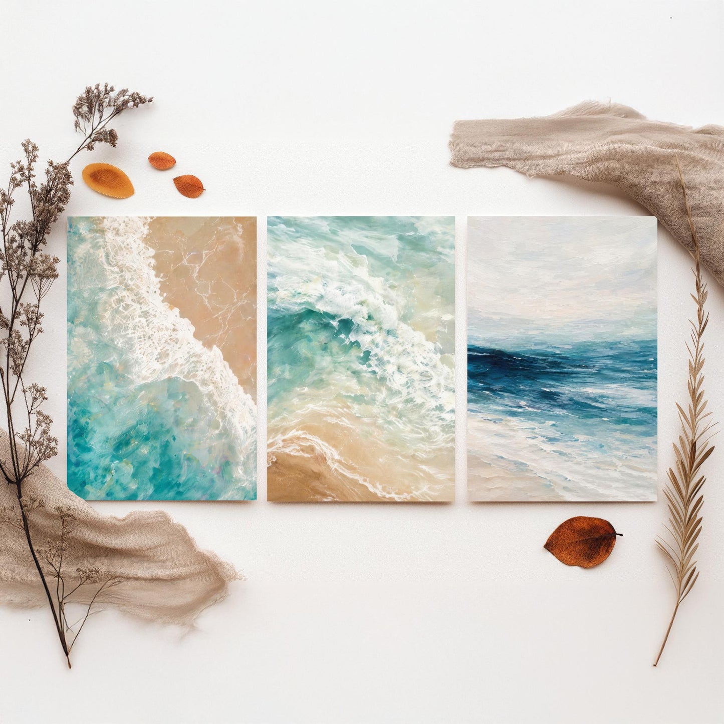 Ocean Wave Set of Three Art Prints - 3 Teal Blue Coastal Seascapes - Abstract Sea Poster Illustration Beach Wall Art V1