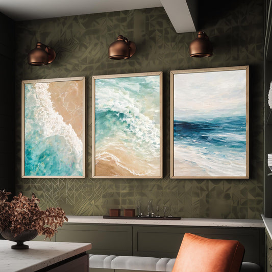 Ocean Wave Set of Three Art Prints - 3 Teal Blue Coastal Seascapes - Abstract Sea Poster Illustration Beach Wall Art V1
