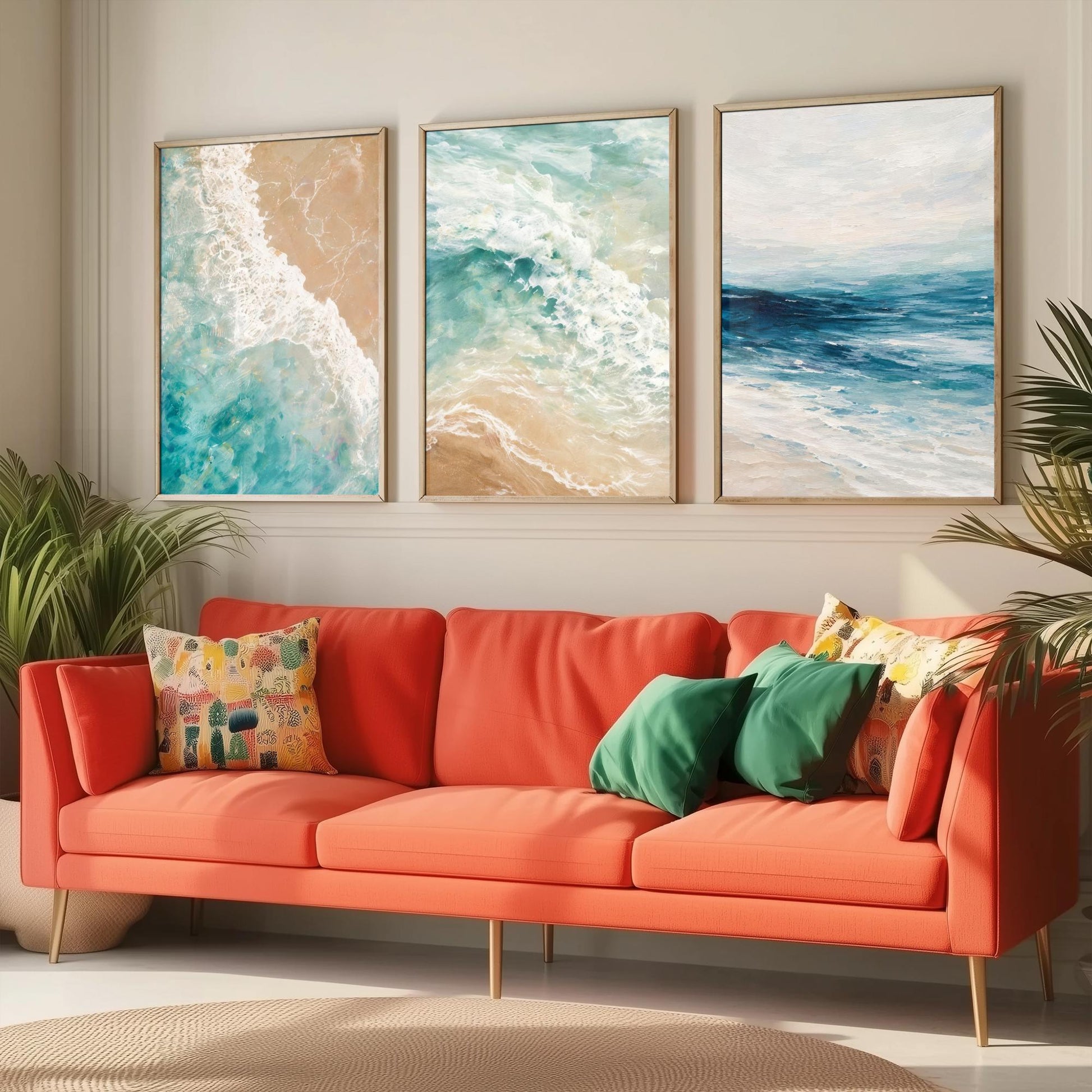 Ocean Wave Set of Three Art Prints - 3 Teal Blue Coastal Seascapes - Abstract Sea Poster Illustration Beach Wall Art V1