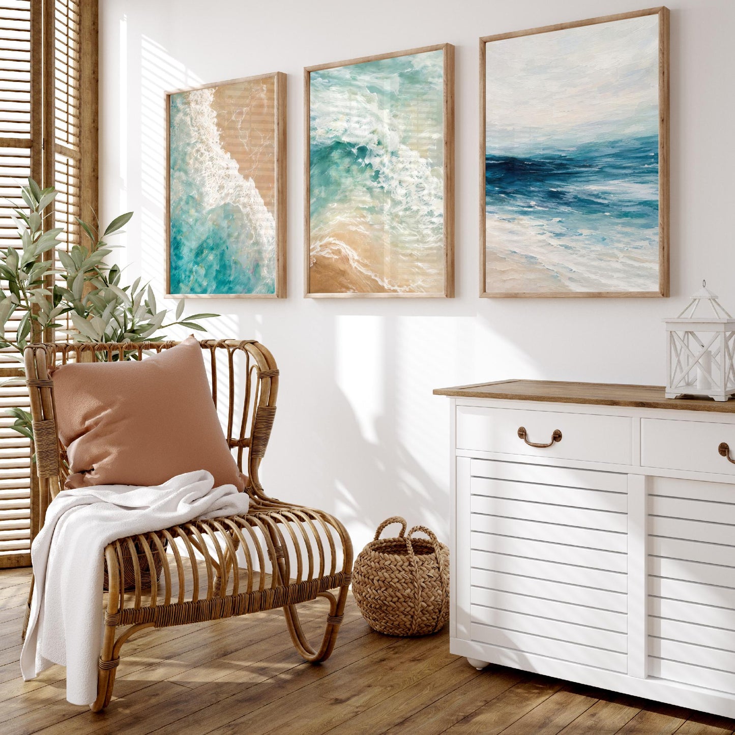 Ocean Wave Set of Three Art Prints - 3 Teal Blue Coastal Seascapes - Abstract Sea Poster Illustration Beach Wall Art V1
