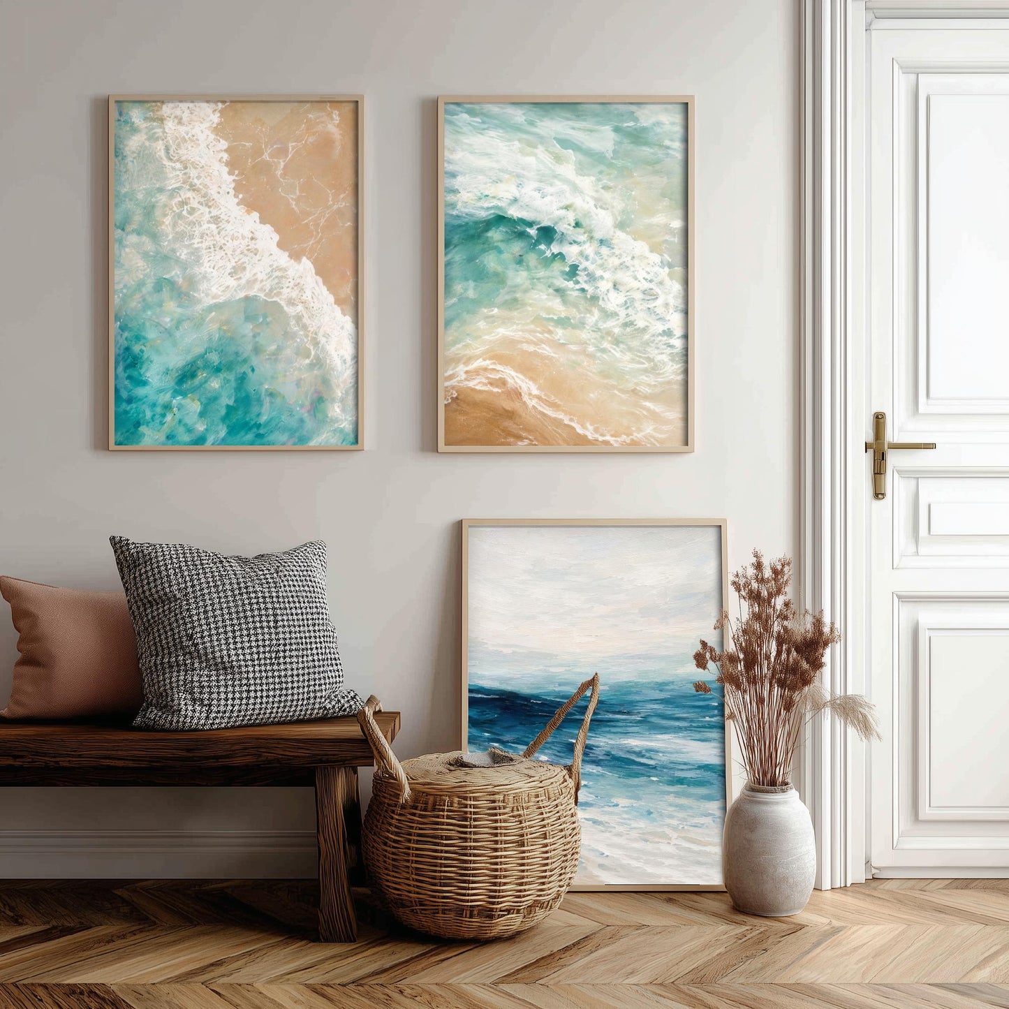 Ocean Wave Set of Three Art Prints - 3 Teal Blue Coastal Seascapes - Abstract Sea Poster Illustration Beach Wall Art V1