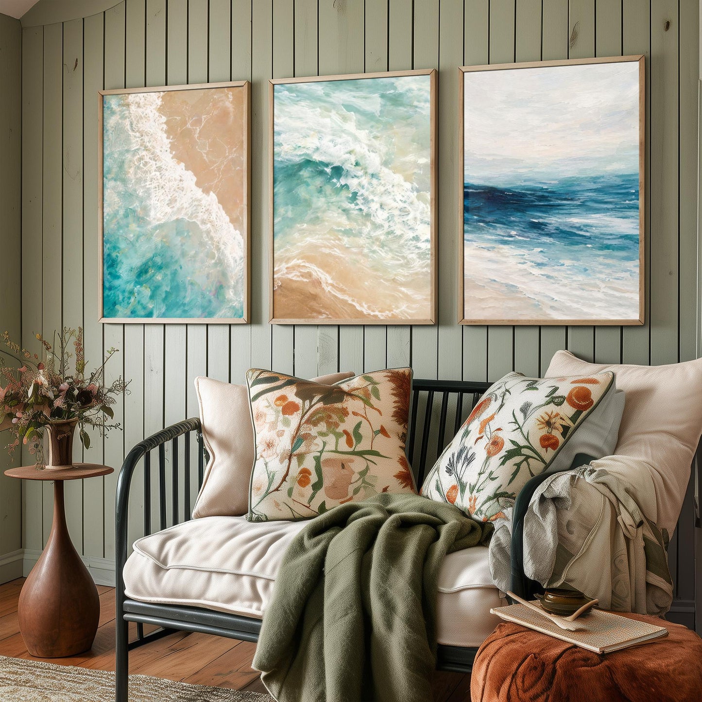 Ocean Wave Set of Three Art Prints - 3 Teal Blue Coastal Seascapes - Abstract Sea Poster Illustration Beach Wall Art V1