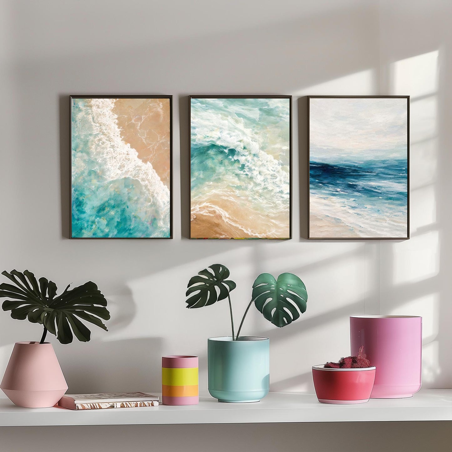 Ocean Wave Set of Three Art Prints - 3 Teal Blue Coastal Seascapes - Abstract Sea Poster Illustration Beach Wall Art V1