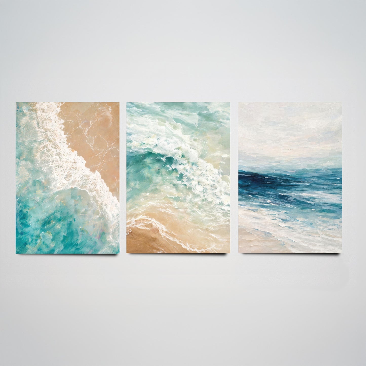 Ocean Wave Set of Three Art Prints - 3 Teal Blue Coastal Seascapes - Abstract Sea Poster Illustration Beach Wall Art V1