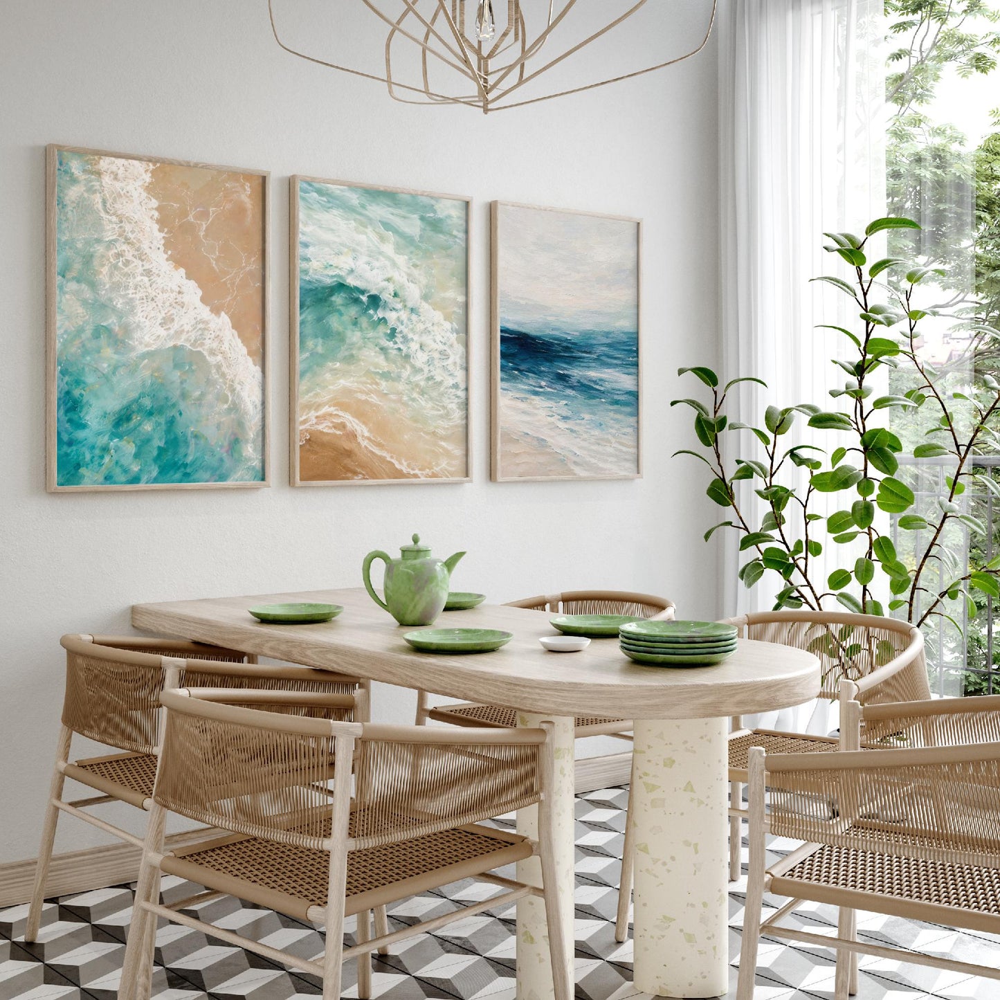 Ocean Wave Set of Three Art Prints - 3 Teal Blue Coastal Seascapes - Abstract Sea Poster Illustration Beach Wall Art V1