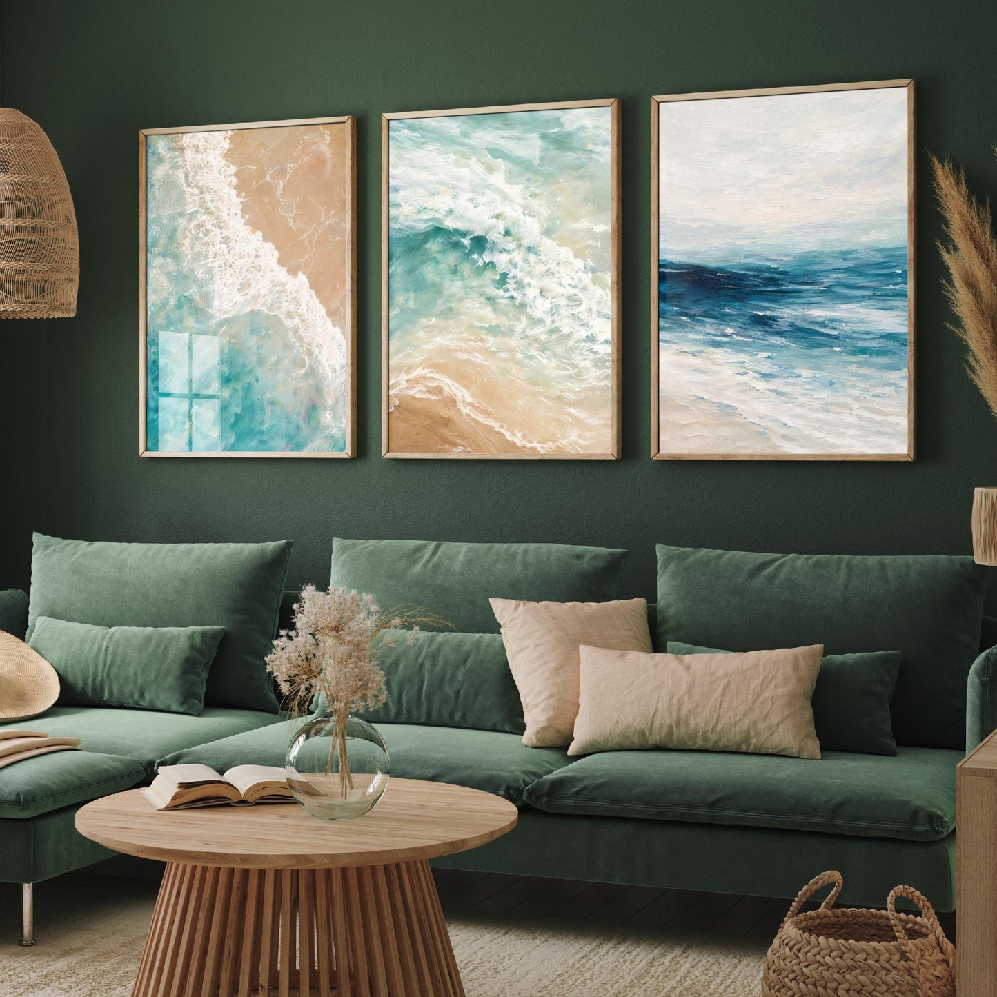 Ocean Wave Set of Three Art Prints - 3 Teal Blue Coastal Seascapes - Abstract Sea Poster Illustration Beach Wall Art V1
