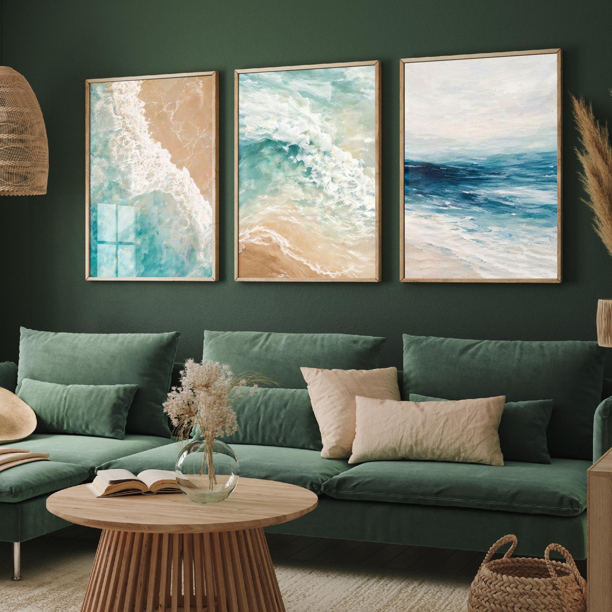 Ocean Wave Set of Three Art Prints - 3 Teal Blue Coastal Seascapes - Abstract Sea Poster Illustration Beach Wall Art V1