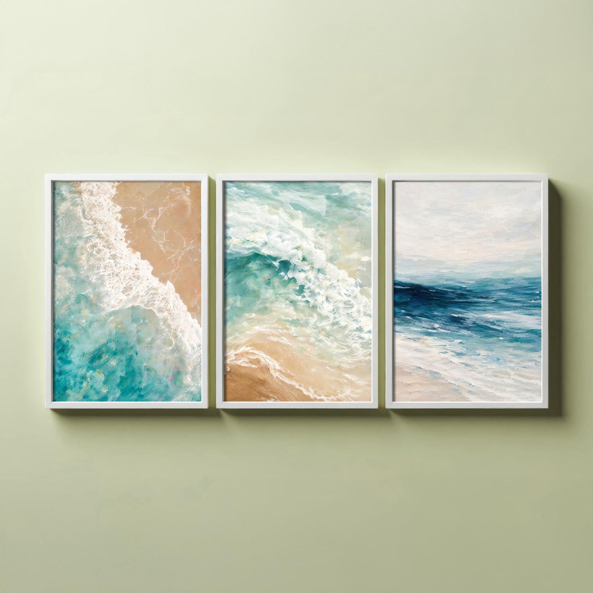 Ocean Wave Set of Three Art Prints - 3 Teal Blue Coastal Seascapes - Abstract Sea Poster Illustration Beach Wall Art V1